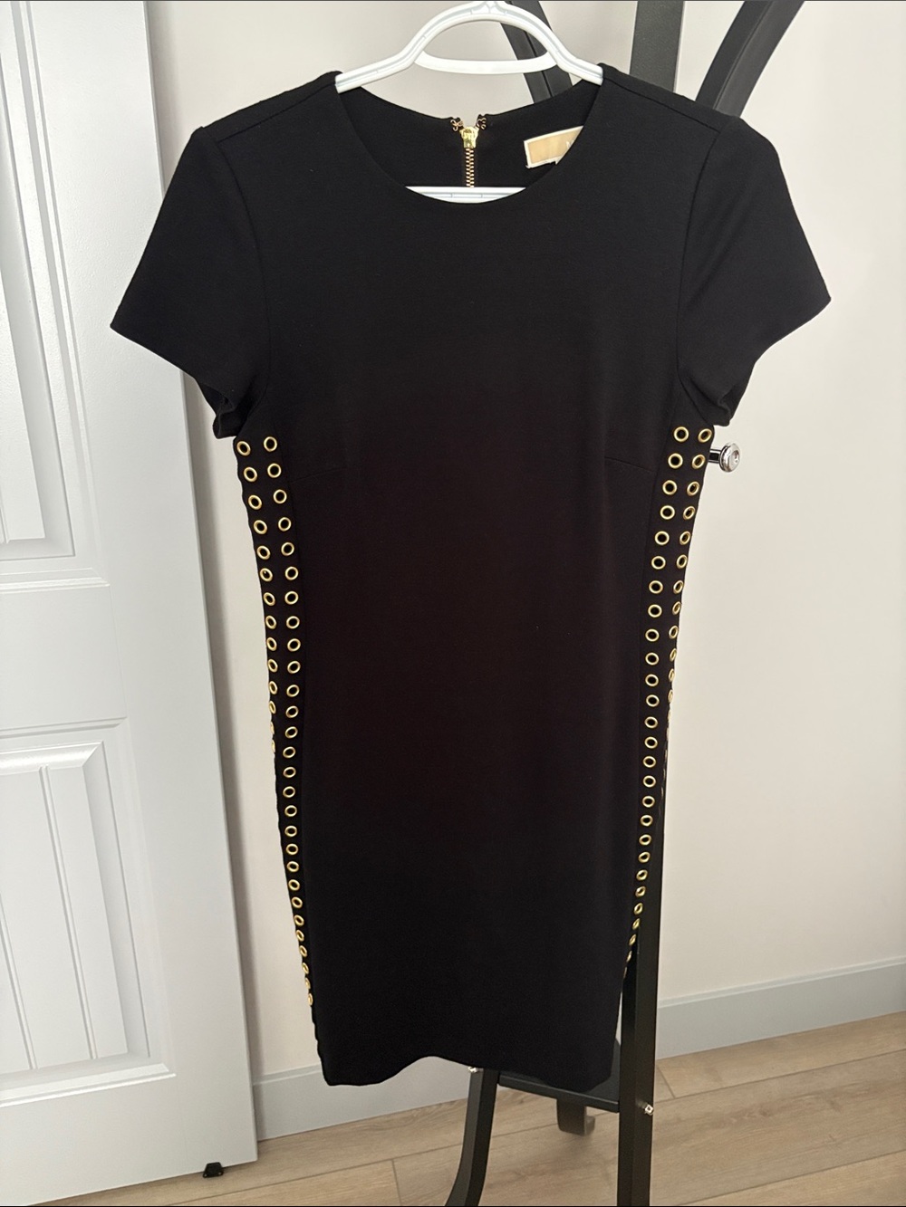 Michael Kors Black Eyelet-Trim Short Sleeve Sheath Dress